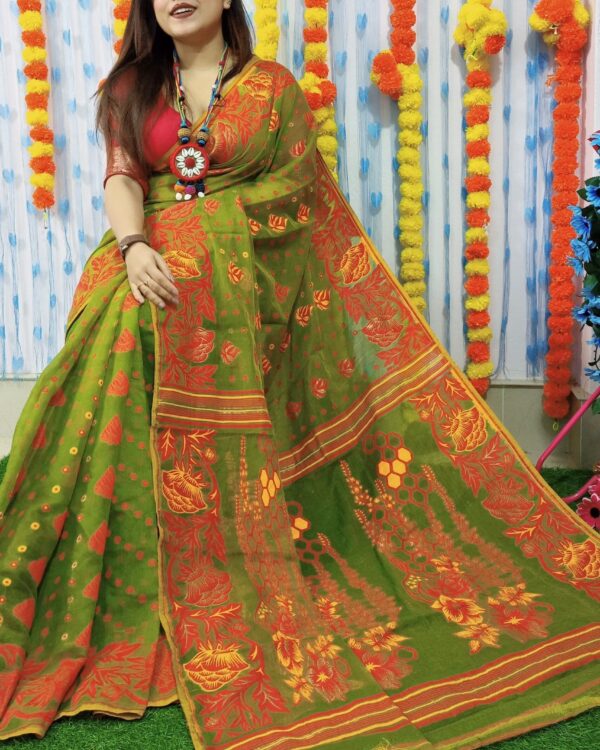 Dirty Green Ranika Dhakai Jamdani Sari