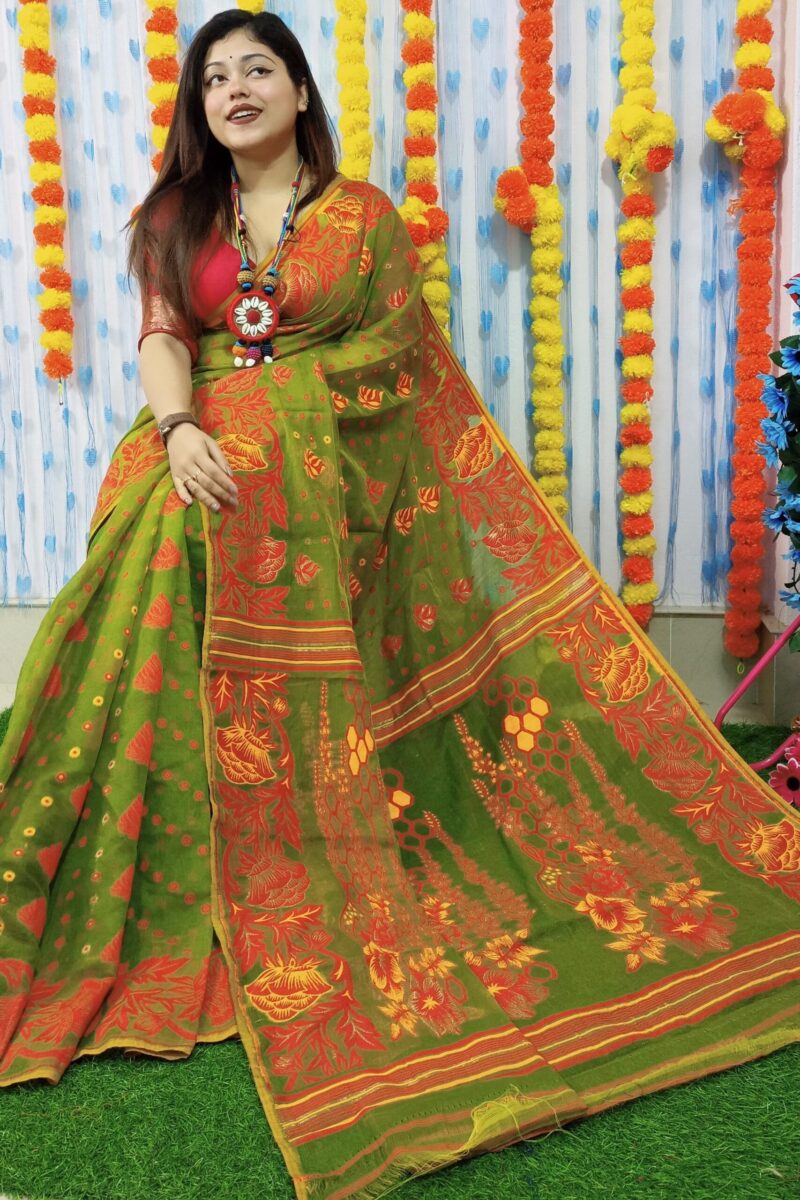 Dirty Green Ranika Dhakai Jamdani Sari