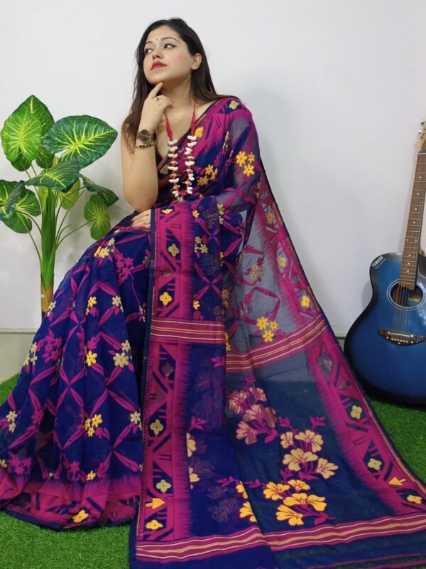 Gulf Blue Lota Cross Jamdani Sari