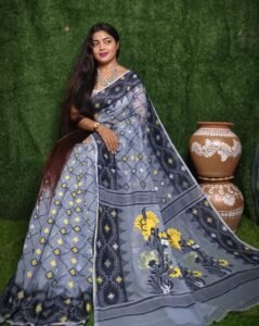 Bluish Grey Soft Dhakai Jamdani Saree