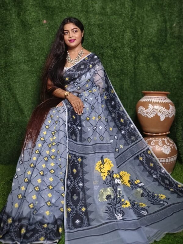 Bluish Grey Soft Dhakai Jamdani Saree