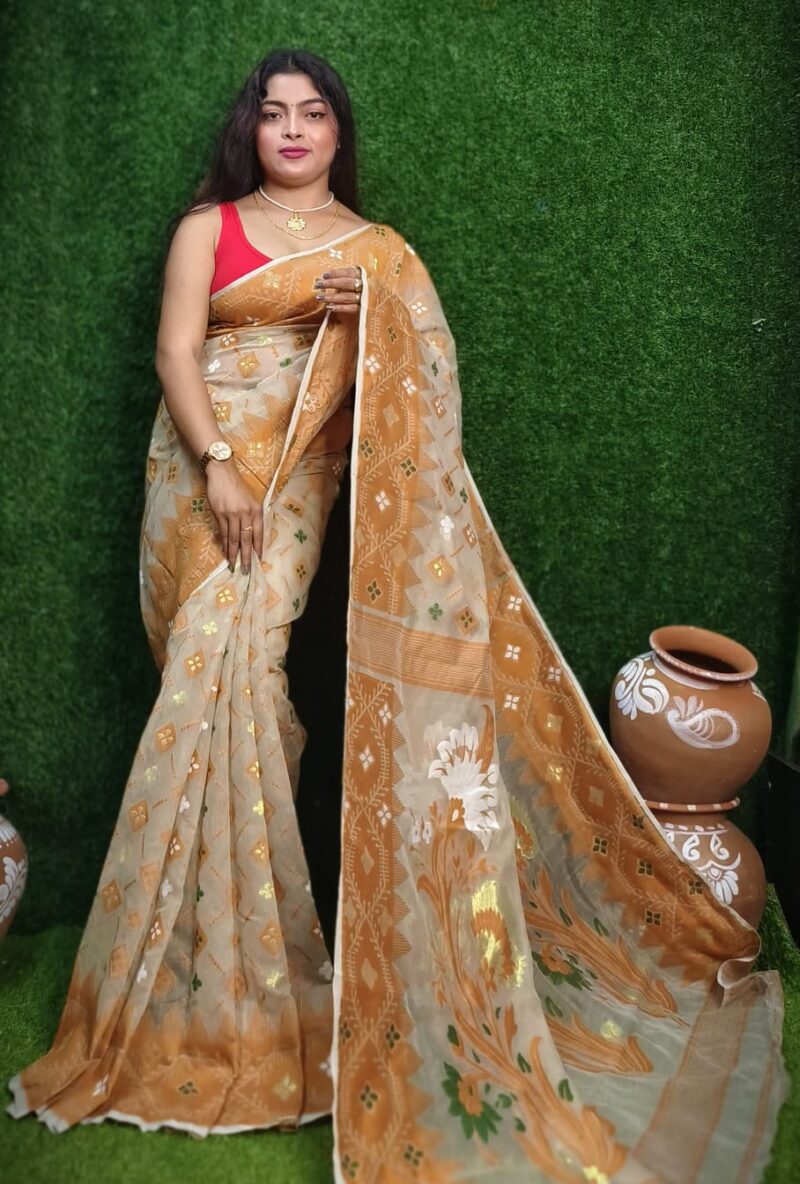 Light Taupe Soft Dhakai Jamdani Saree e1722241160456