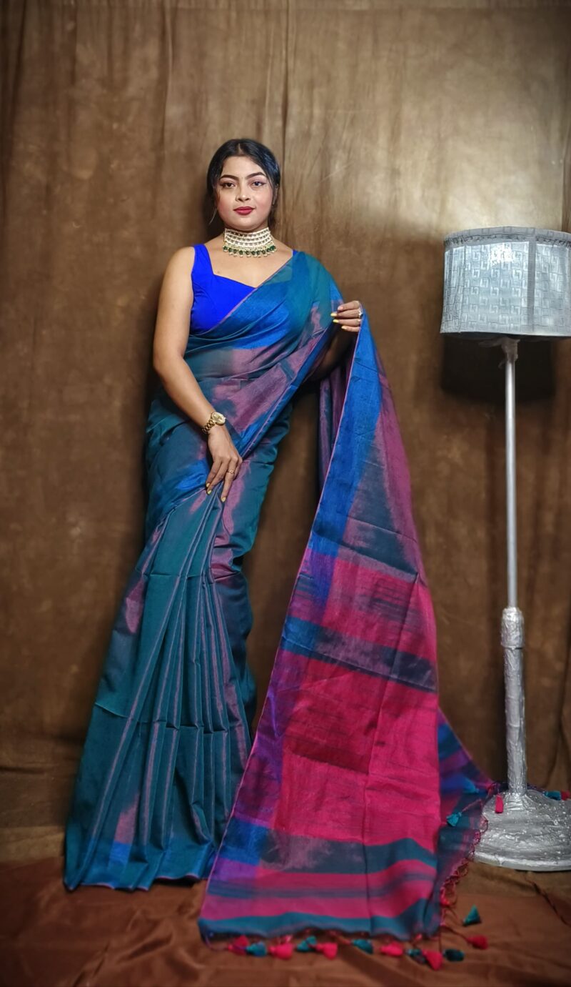 Soft Dark Grey Blue Tissue khadi saree 2 scaled