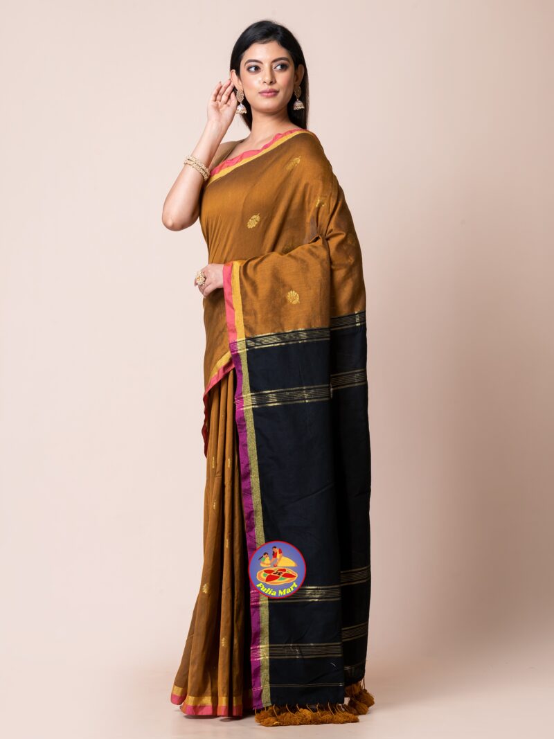 Brownish Orange and Black Cotton Acrylic Saree