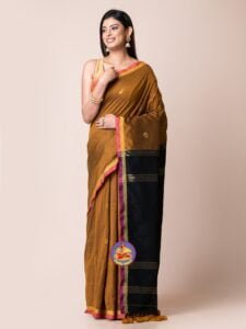 Brownish Orange and Black Cotton Acrylic Saree - Image 2