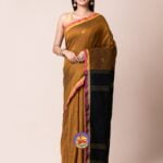 Brownish Orange and Black Cotton Acrylic Saree