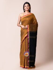Brownish Orange and Black Cotton Acrylic Saree