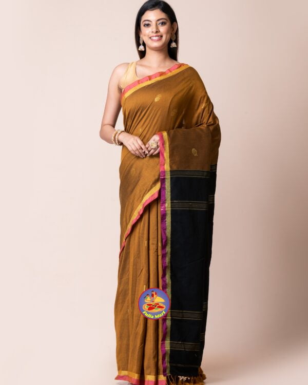 Brownish Orange and Black Cotton Acrylic Saree