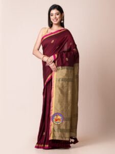 Light Taupe and Maroon Cotton Acrylic Saree - Image 3