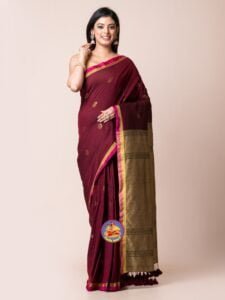 Light Taupe and Maroon Cotton Acrylic Saree - Image 2