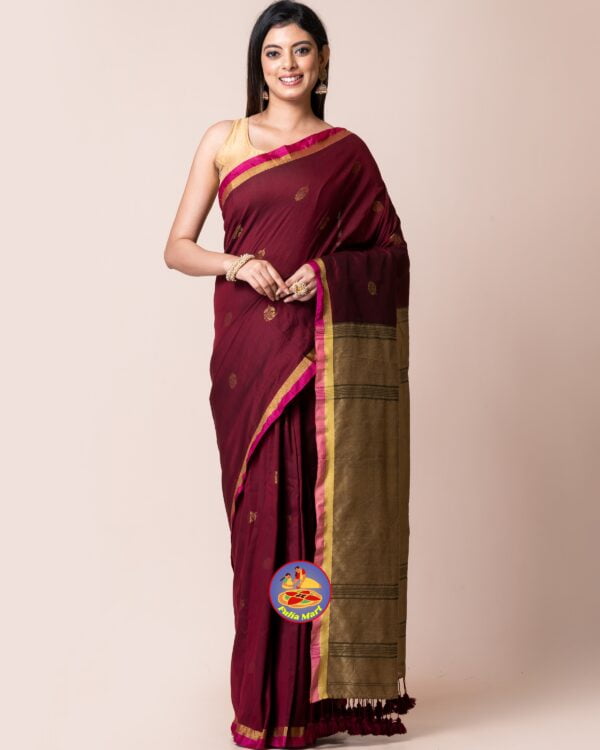 Light Taupe and Maroon Cotton Acrylic Saree