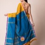 Orange Gold and Peacock Blue Cotton Acrylic Saree