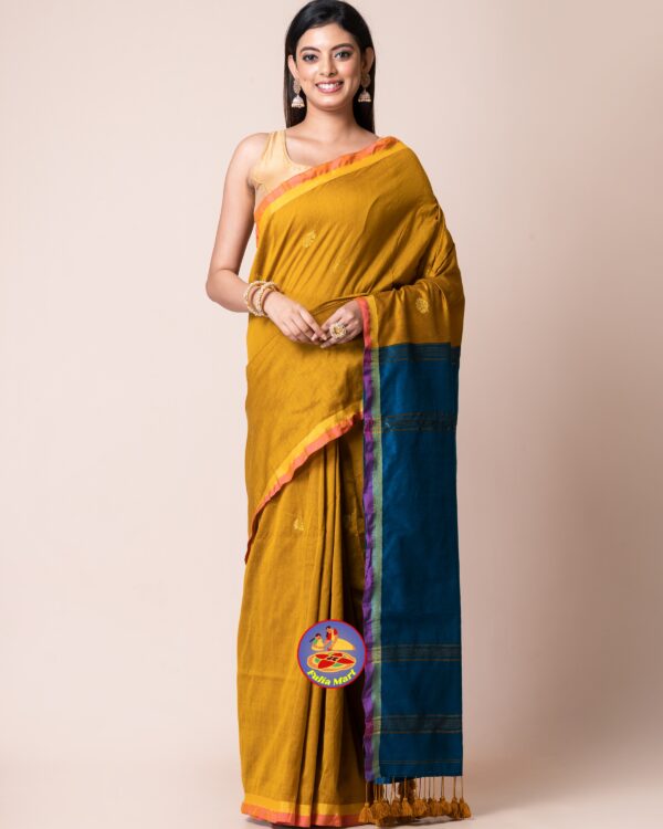 Orange Gold and Peacock Blue Cotton Acrylic Saree