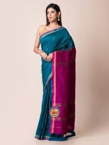 Red Purple and Ocean Cotton Acrylic Saree - Image 3