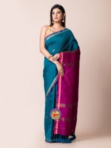 Red Purple and Ocean Cotton Acrylic Saree - Image 2