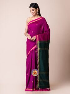 Red Violet and Gable Green Cotton Acrylic Saree - Image 2
