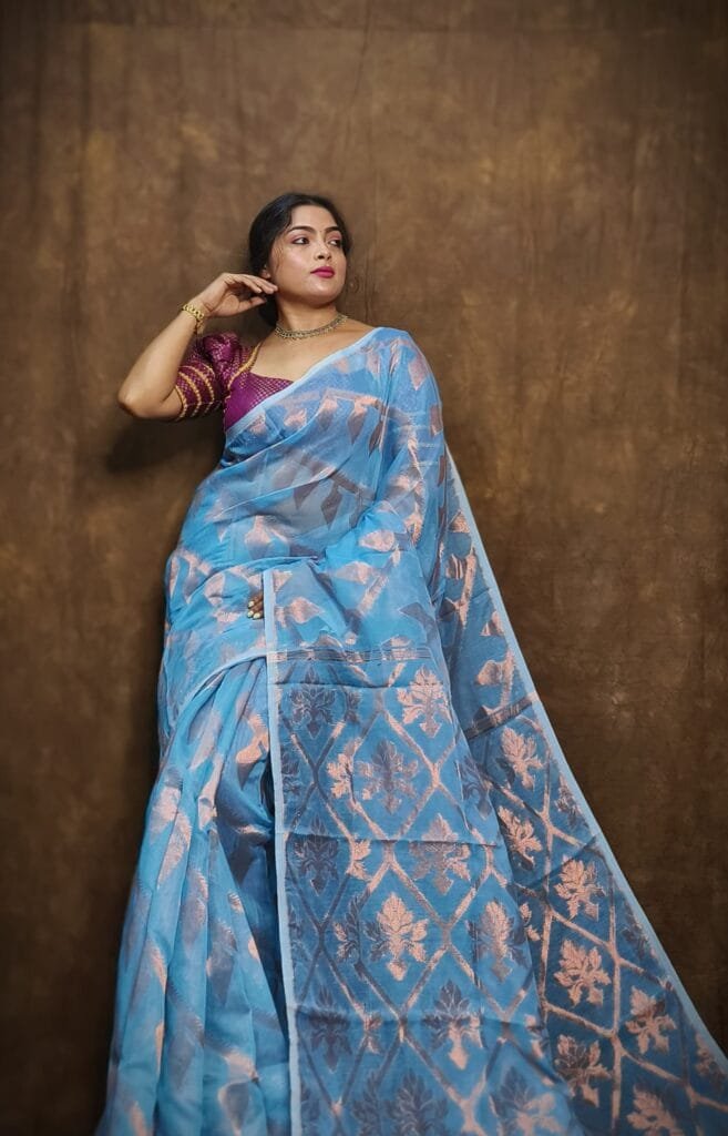 Sky Blue Soft Copper Joriwork Jamdani Sari