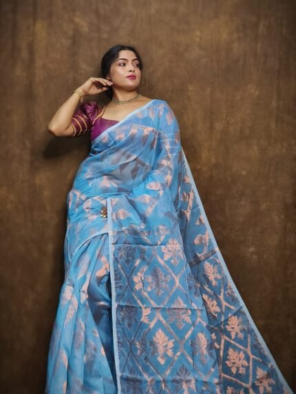 Sky Blue Soft Copper Joriwork Jamdani Sari