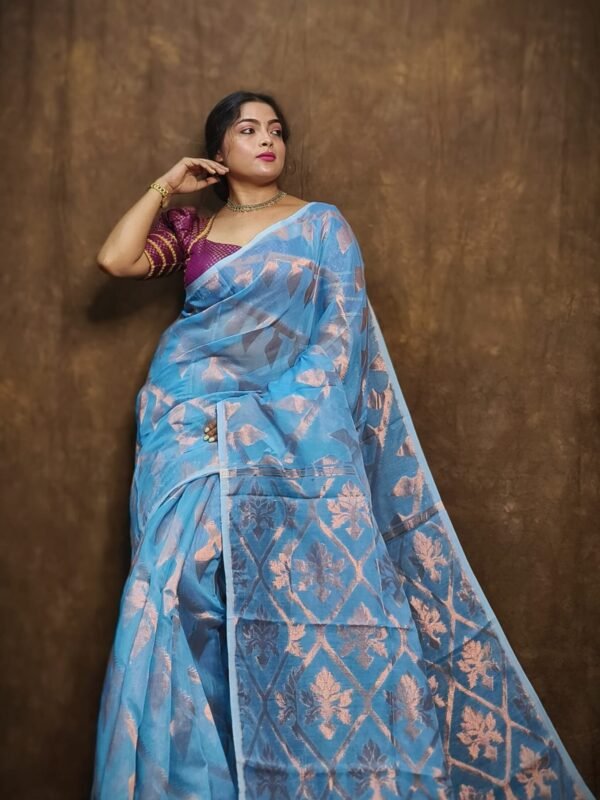 Sky Blue Soft Copper Joriwork Jamdani Sari