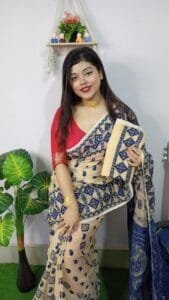 Dark Beige Anchol Kolka Jamdani Sari Allover Work With Blouse Piece - Image 4