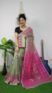 Frog Green Anchol Kolka Jamdani Sari Allover Work With Blouse Piece