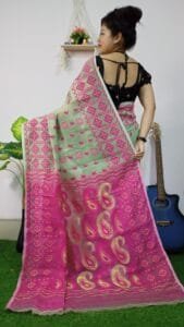 Frog Green Anchol Kolka Jamdani Sari Allover Work With Blouse Piece - Image 4