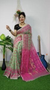 Frog Green Anchol Kolka Jamdani Sari Allover Work With Blouse Piece - Image 3