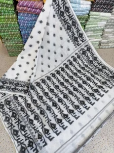 White Black Maslin Jamdani Sari - Image 2