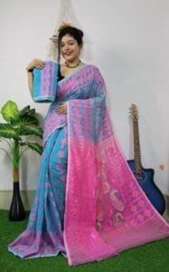 Picton Blue Anchol Kolka Jamdani Sari Allover Work With Blouse Piece