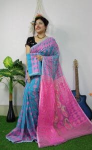 Picton Blue Anchol Kolka Jamdani Sari Allover Work With Blouse Piece - Image 2