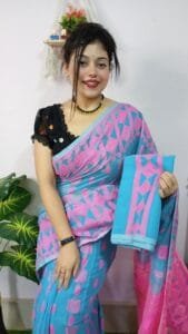 Picton Blue Anchol Kolka Jamdani Sari Allover Work With Blouse Piece - Image 4
