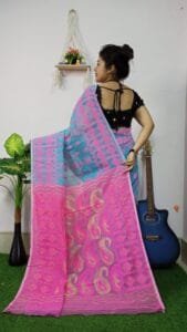 Picton Blue Anchol Kolka Jamdani Sari Allover Work With Blouse Piece - Image 3