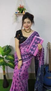 Purplish Pink Anchol Kolka Jamdani Sari Allover Work With Blouse Piece - Image 4