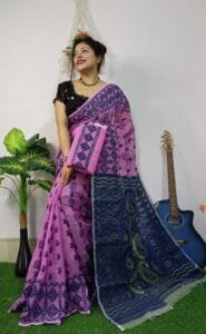 Purplish Pink Anchol Kolka Jamdani Sari Allover Work With Blouse Piece