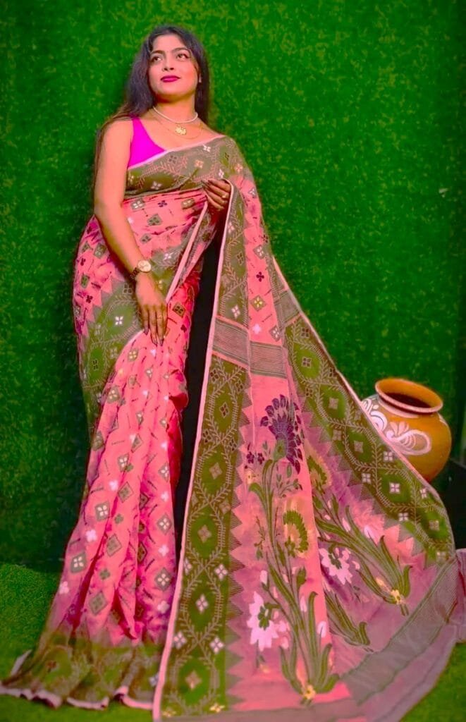Ruddy Pink Soft Dhakai Jamdani Saree