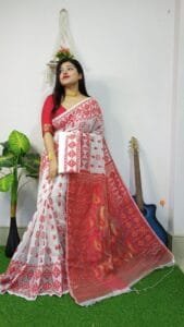 White Anchol Kolka Jamdani Sari Allover Work With Blouse Piece - Image 2