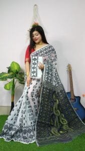 White Anchol Kolka Jamdani Sari Allover Work With Blouse Piece - Image 2