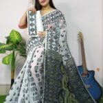 White Anchol Kolka Jamdani Sari Allover Work With Blouse Piece