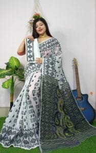 White Anchol Kolka Jamdani Sari Allover Work With Blouse Piece