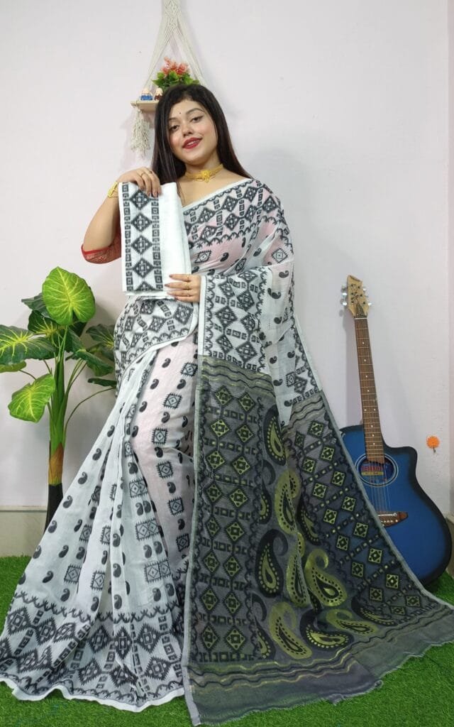 White Anchol Kolka Jamdani Sari Allover Work With Blouse Piece