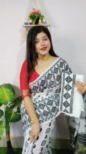 White Anchol Kolka Jamdani Sari Allover Work With Blouse Piece - Image 4