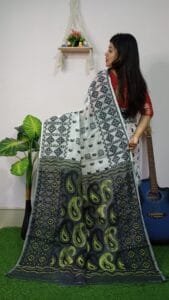 White Anchol Kolka Jamdani Sari Allover Work With Blouse Piece - Image 3