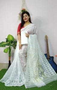 White Anchol Kolka Jamdani Sari Allover Work With Blouse Piece