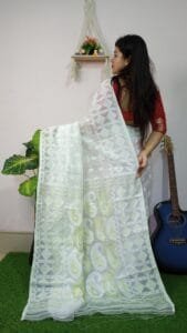 White Anchol Kolka Jamdani Sari Allover Work With Blouse Piece - Image 3