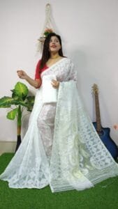 White Anchol Kolka Jamdani Sari Allover Work With Blouse Piece - Image 2