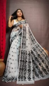 White Black Maslin Jamdani Sari