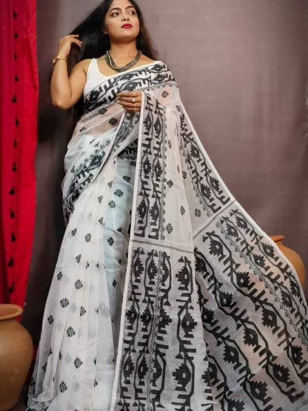 White Black Maslin Jamdani Sari