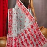 White Red Maslin Jamdani Sari