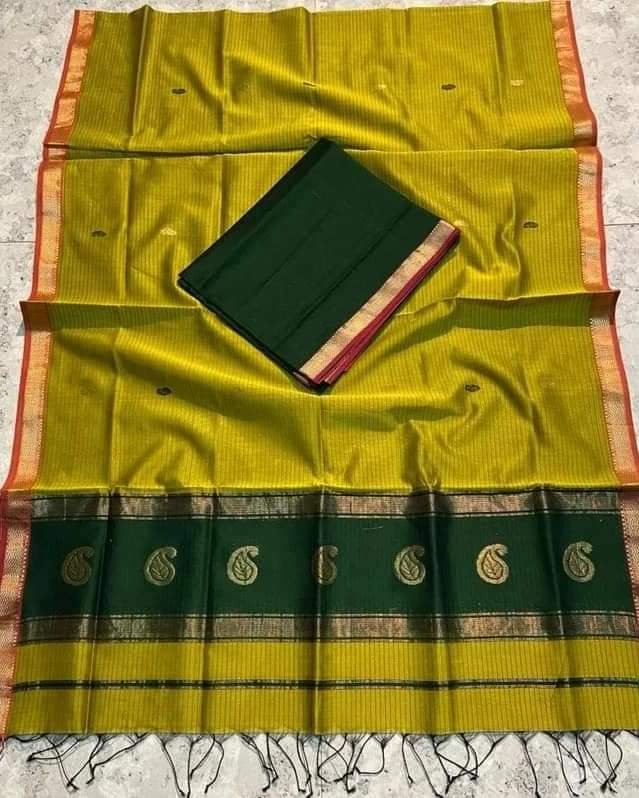 Maheshwari Design Brownish Yellow Cotton Silk Handloom Saree with Blouse Piece 1 Brownish Yellow Maheshwari Cotton Silk Saree with Blouse Piece - Orangy Yellow