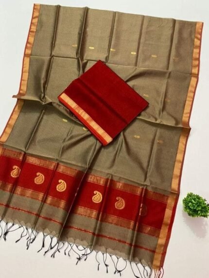 Pale Brown Maheshwari Cotton Silk Saree with Blouse Piece - Yellowish Orange